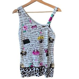 Caché Sweater Knit Mixed Novelty Whimsical Print One Shoulder Sleeveless Tank S